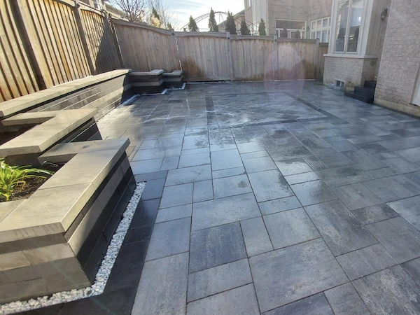 Retaining wall in a backyard in Newmarket, Ontario